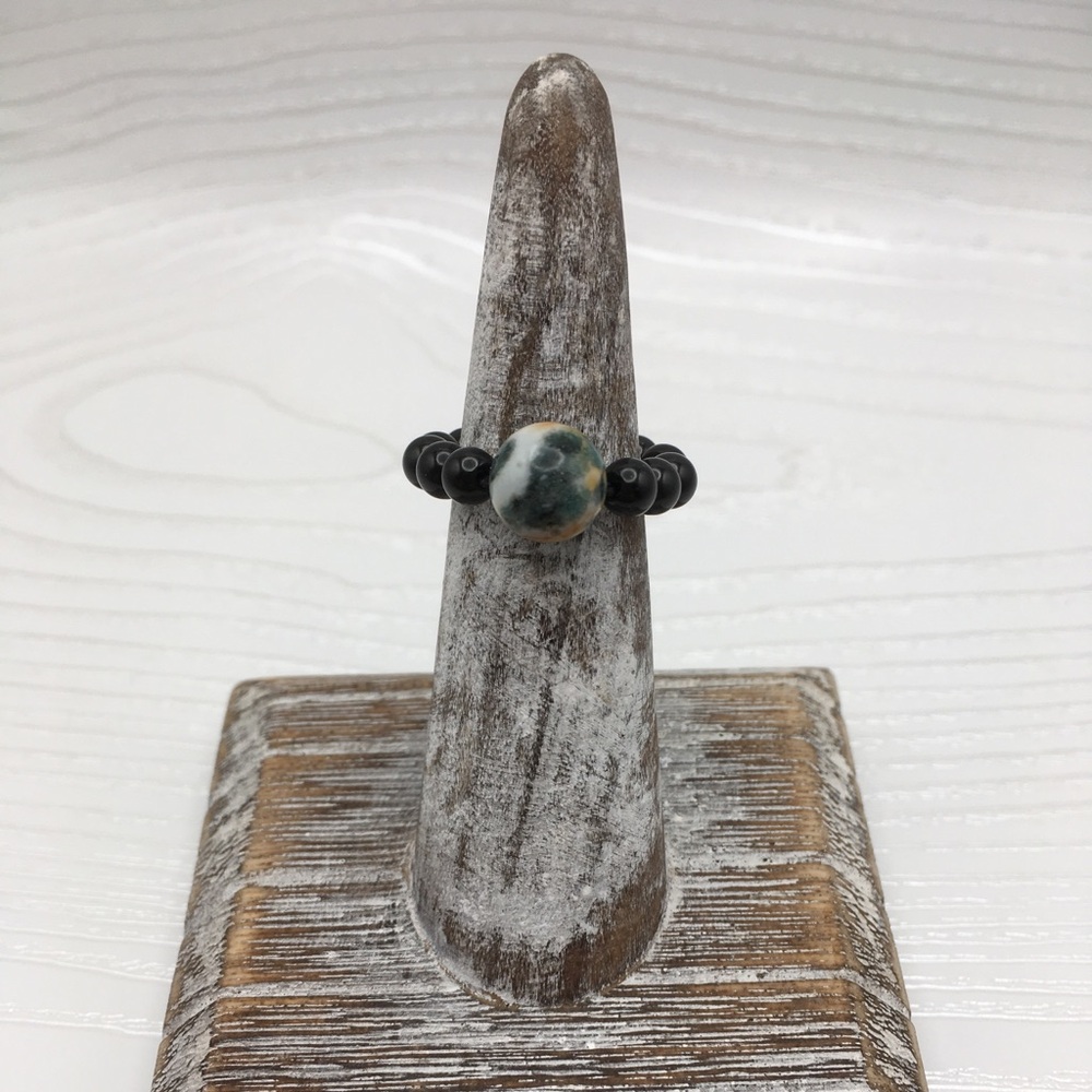 HANDCRAFTED Obsidian & Tree Agate Stretch Bead Ring